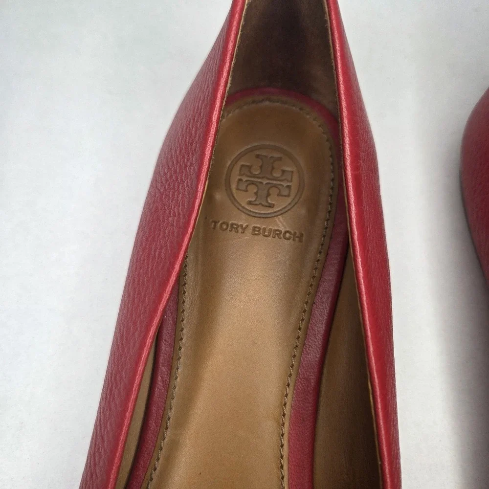 Tory Burch Reva Red Pebbled Leather Ballet Flats Gold Logo Medallion Women's US